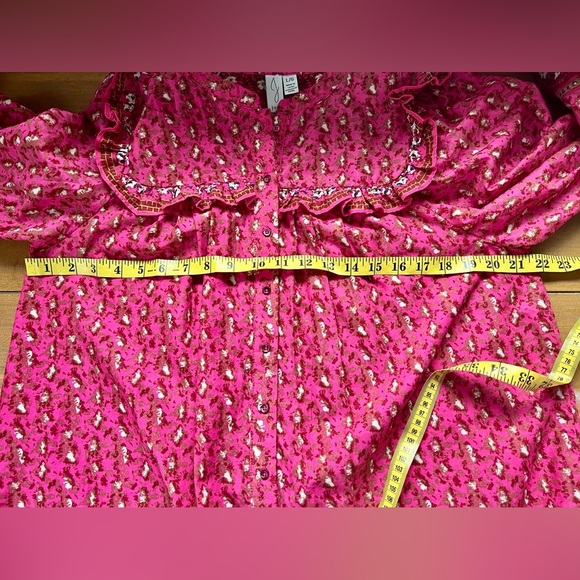 Joie Floral Peasant Blouse Fuchsia Ruffled Button Down Prairie Shirt Deep Pink - Picture 14 of 15